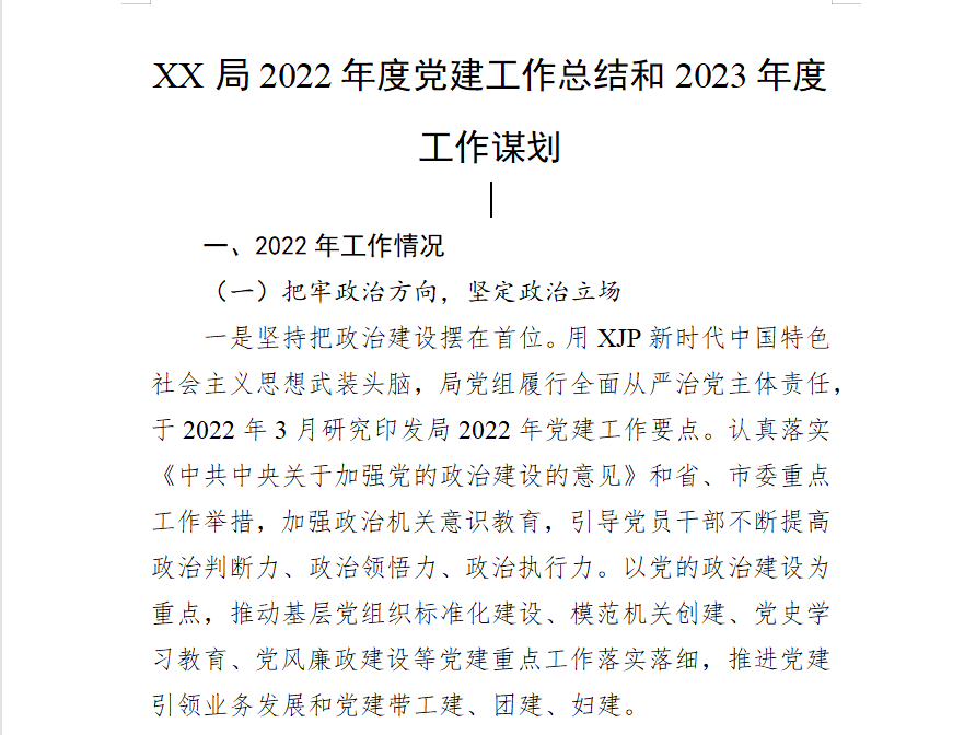 XX局2022年度党建工作总结和2023年度工作计划模板
