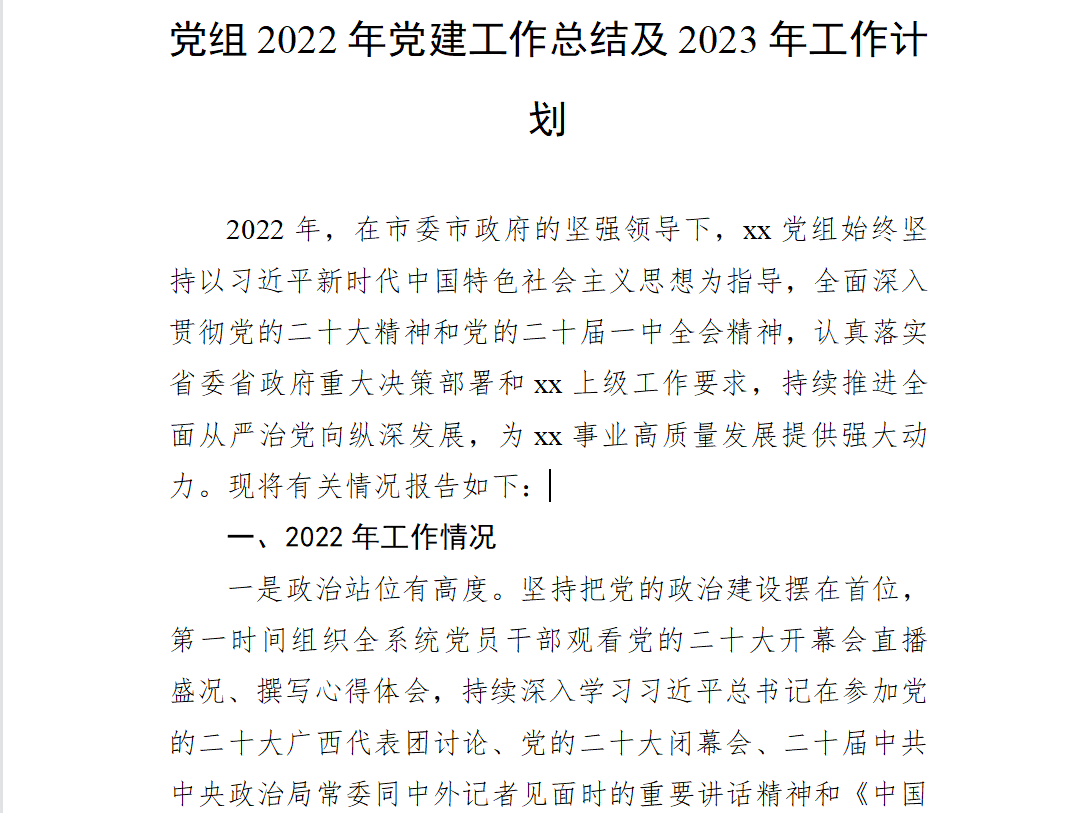 党组2022年党建工作总结及2023年工作计划书