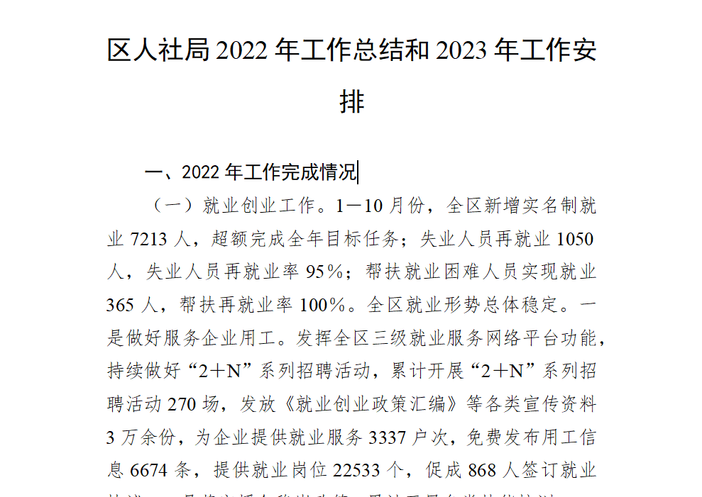 区人社局2022年工作总结和2023年工作安排书